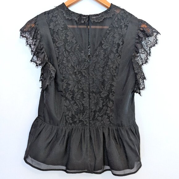 Express | Black Lace Organza Short Sleeve Peplum Top | Size Small - Picture 8 of 13